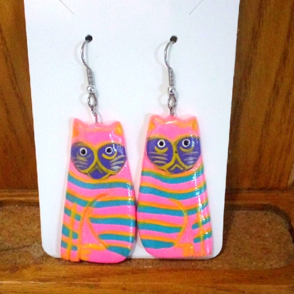 Handmade Wooden Cat Earrings